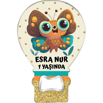 Mavi Gözlü Kelebek ile Gold Puantiye Fon Temalı Balon Ahşap Magnet 