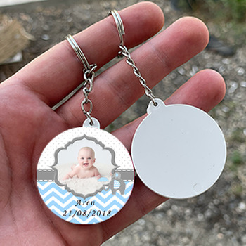 Mavi Gri Fil Temalı Resimli Daire Plastik Anahtarlık