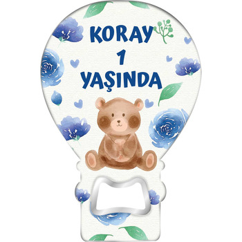 Mavi Güller ile Ayıcık Temalı Balon Ahşap Magnet 