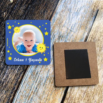 Mavi Güneş Temalı Ahşap Kare Magnet