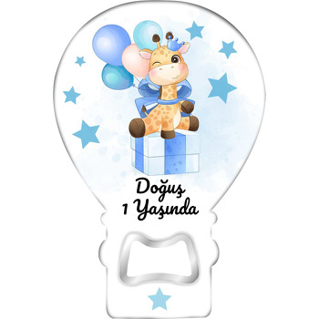 Mavi Hediye Paketinde Zürafa ile Yıldızlar Temalı Balon Ahşap Magnet 
