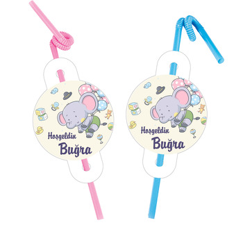 Mavi ile Pembe Balonla Uçan Fil Temalı Pipet ve Kartı