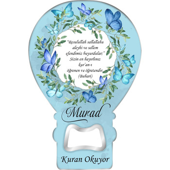 Mavi ile Turkuaz Kelebeklerle Yapraklı Çerçeve Temalı Balon Ahşap Magnet 