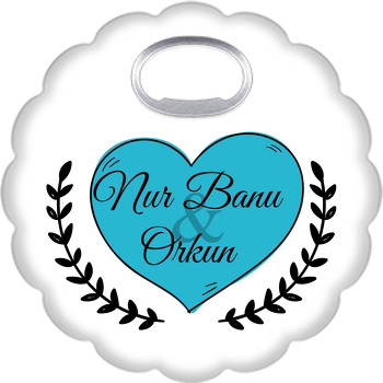 Mavi Kalp ile Siyah Defne Dalı Temalı Çiçek Şekilli Magnet Açacak