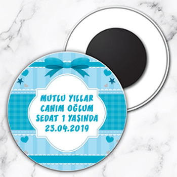 Mavi Kalp Ve Yıldız Temalı Daire Plastik Magnet
