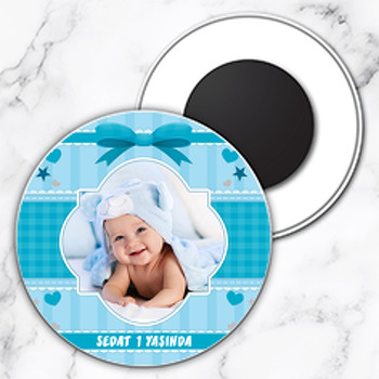 Mavi Kalp Ve Yıldız Temalı Resimli Daire Plastik Magnet