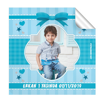 Mavi Kalpli Fiyonk Temalı Doğum Günü  Kare Etiket