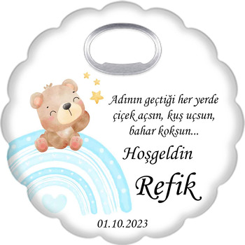 Mavi Kalpli Gökkuşağı ile Ayıcık ve Yıldızlar Temalı Çiçek Şekilli Magnet Açacak