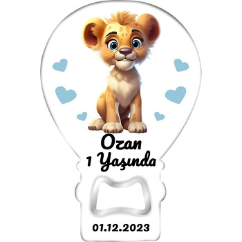 Mavi Kalpli Sevimli Yavru Aslan Temalı Balon Ahşap Magnet 