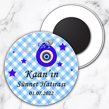 Mavi Kareli Fonda Nazarlık ile Sünnet Temalı Daire Plastik Magnet