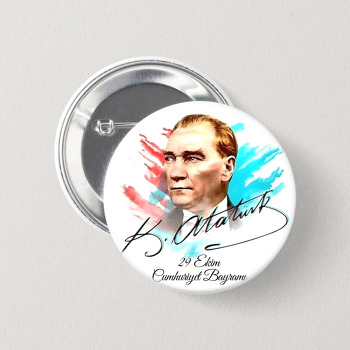 Mavi Kırmızı Renkli Fonda Atatürk ve İmzası Temalı İğneli Buton Rozet