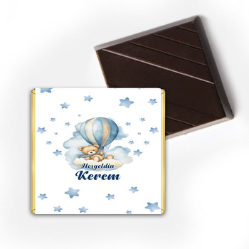 Mavi Krem Balonda Uçan Ayı Temalı Çikolata Sargısı