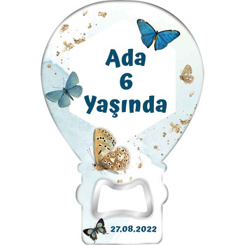 Mavi Krem Kelebekler Temalı Balon Ahşap Magnet 