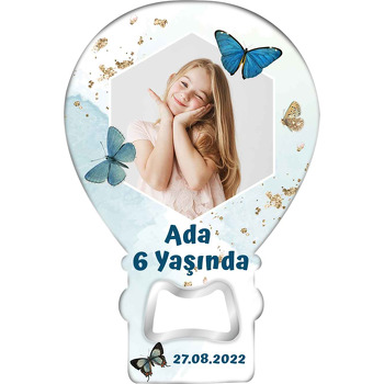 Mavi Krem Kelebekler Temalı Balon Ahşap Magnet 