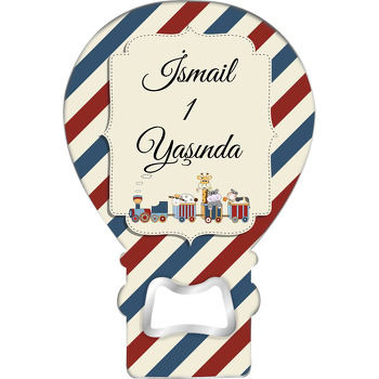 Mavi Krem Kırmızı Çizgili Fonda Tren Temalı Balon Ahşap Magnet 
