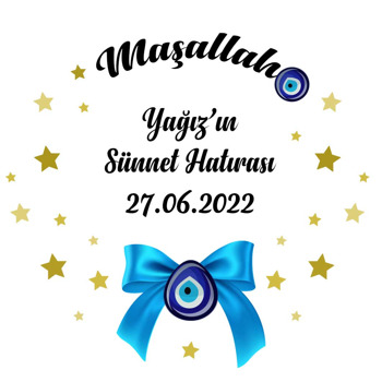 Mavi Kurdele ile Nazar Boncuğu ve Yıldızlar Temalı Akrilik Daire Magnet