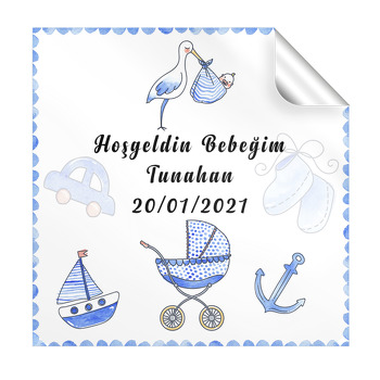 Mavi Leylek ile Bebek Temalı Kare Parti Etiket