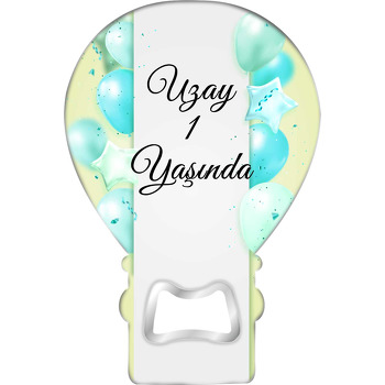 Mavi Metalik Balonlar Beyaz Şerit ile Sarı Fonda Temalı Balon Ahşap Magnet 