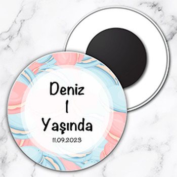 Mavi Pembe Macaron Desen Temalı Daire Plastik Doğum Günü Magnet