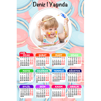 Mavi Pembe Macaron Desen Temalı Takvim Magnet