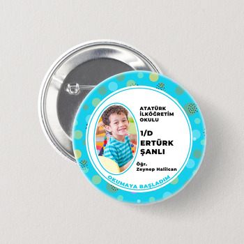 Mavi Puantiyeler ile Okumaya Başladım Temalı İğneli Buton Rozet