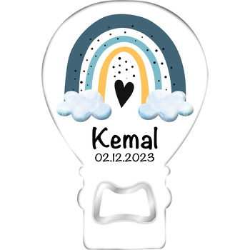 Mavi Sarı Gökkuşağı ile Kalp Temalı Balon Ahşap Magnet 