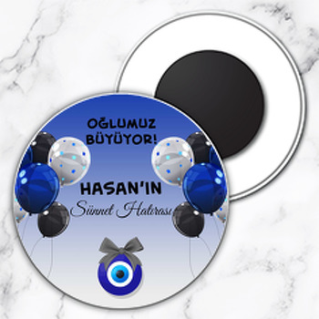 Mavi Siyah Balonlarla Nazar Boncuğu ve Sünnet Hatırası Temalı Daire Plastik Doğum Günü Magnet