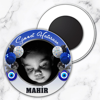 Mavi Siyah Balonlarla Siyah Çerçeve ile Sünnet Hatırası Temalı Daire Plastik Doğum Günü Magnet