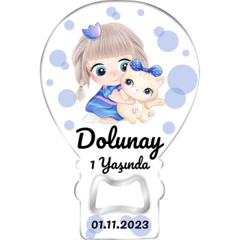 Mavi Taçlı Kız ile Beyaz Kedi Temalı Balon Ahşap Magnet 