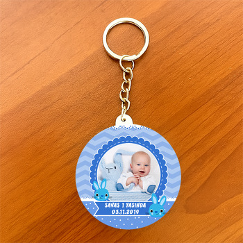Mavi Tavşan Temalı Resimli Daire Plastik Anahtarlık