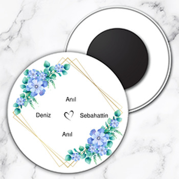 Mavi Tonlarında Çiçekler Temalı Söz Nişan Nikah Daire Plastik Magnet