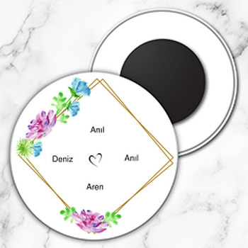 Mavi ve Mor Tonlarında Çiçekler Temalı Söz Nişan Nikah Daire Plastik Magnet