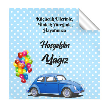 Mavi Vosvos ile Puantiyeli Fon Temalı Kare Parti Etiket