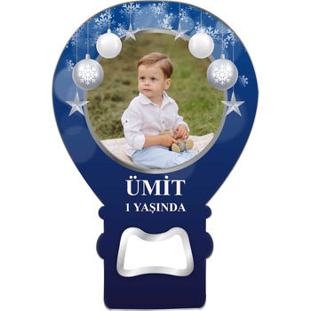 Mavi Yılbaşı Fonda Gri Süsler Temalı Balon Ahşap Magnet 