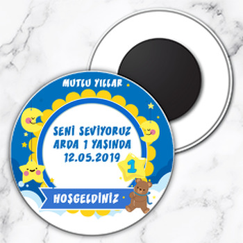 Mavi Yıldızlı Ayıcık Temalı 1 Yaş Daire Plastik Magnet