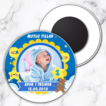Mavi Yıldızlı Ayıcık Temalı Resimli 1 Yaş Daire Plastik Magnet