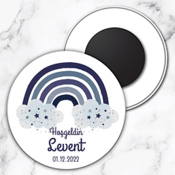 Mavi Yıldızlı Gökkuşağı Temalı Daire Plastik Doğum Günü Magnet