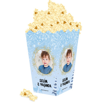Mavi Zeminli Kış Temalı Popcorn Kutusu