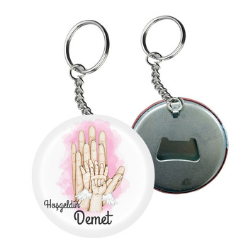 Melek Kanatlı Bebek Eli ile Ailesi Pembe Fonda Temalı Arkası Açacak Anahtarlık