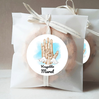 Melek Kanatlı İkili Bebek Eli ile Ailesi Mavi Fonda Temalı Sticker