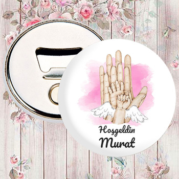 Melek Kanatlı İkili Bebek Eli ile Ailesi Pembe Fonda Temalı Magnet Açacak