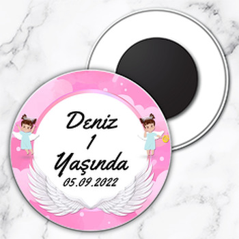 Melek Kanatlı Pembe Temalı Daire Plastik Magnet