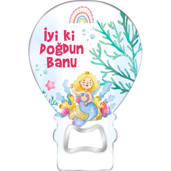 Mercanlar Arasında Sarışın Deniz Kızı Temalı Balon Ahşap Magnet 