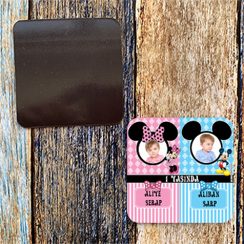 Mickey İkiz Temalı Kare Magnet