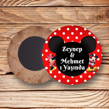 Mickey ile Minnie Mouse İkiz Temalı Daire Ahşap Magnet