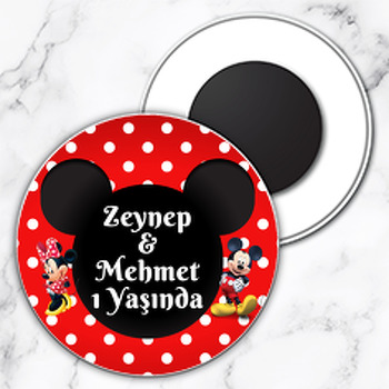 Mickey ile Minnie Mouse İkiz Temalı Daire Plastik Magnet