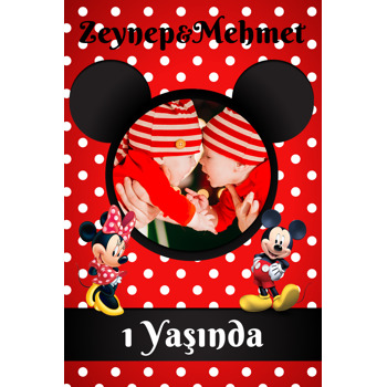Mickey İle Minnie Mouse İkiz Temalı Resimli Doğum Günü Afiş