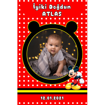 Mickey Mouse Çerçeve ile Kırmızı Puantiye Temalı Doğum Günü Afiş