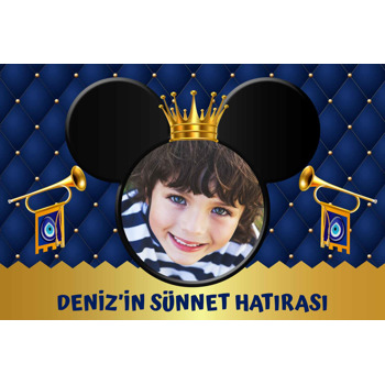 Mickey Mouse ile Gold Taç Lacivert Fon Temalı Sünnet Magnet