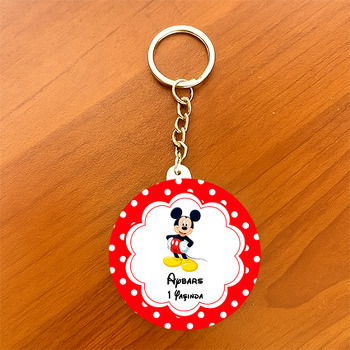 Mickey Mouse Kırmızı Fon Beyaz Puantiye Temalı Daire Plastik Anahtarlık